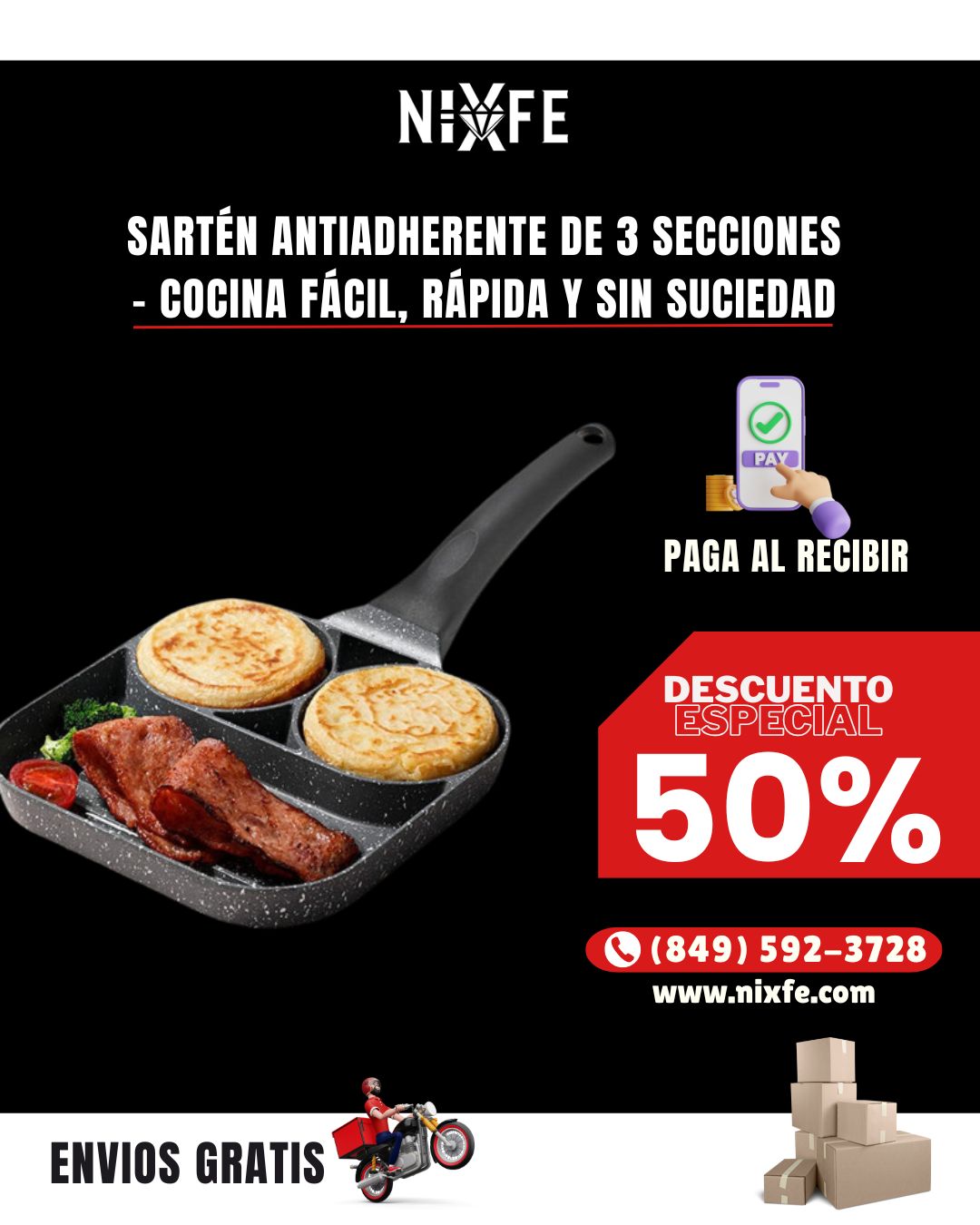 Sartén Antiadherente de 3 Secciones – Cocina Fácil, Rápida y sin Suciedad